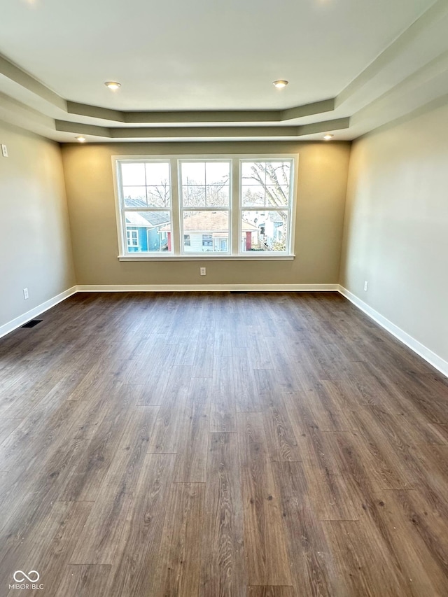 unfurnished room featuring a healthy amount of sunlight, dark hardwood / wood-style flooring, and a raised ceiling