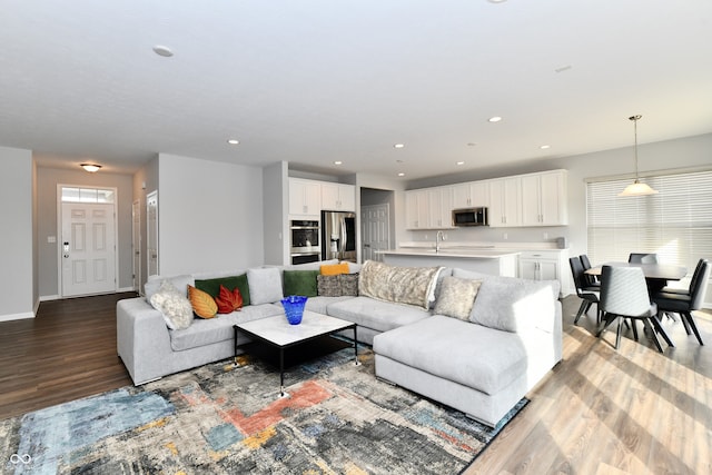 living room featuring sink and hardwood / wood-style floors