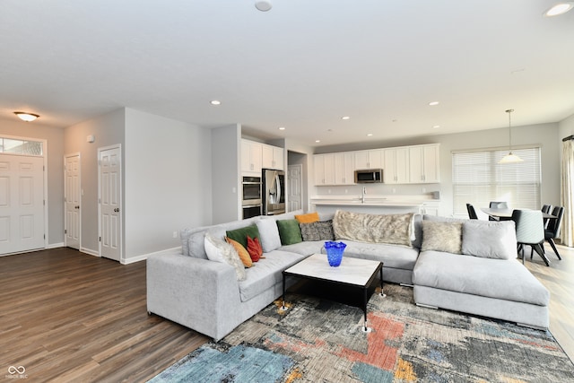 living room featuring dark hardwood / wood-style floors, sink, and a wealth of natural light