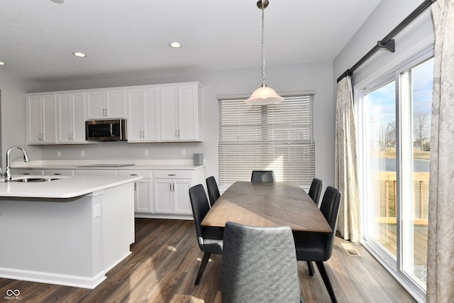 dining area with sink and dark wood-type flooring