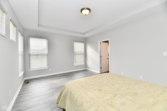 bedroom featuring wood-type flooring, a raised ceiling, and multiple windows