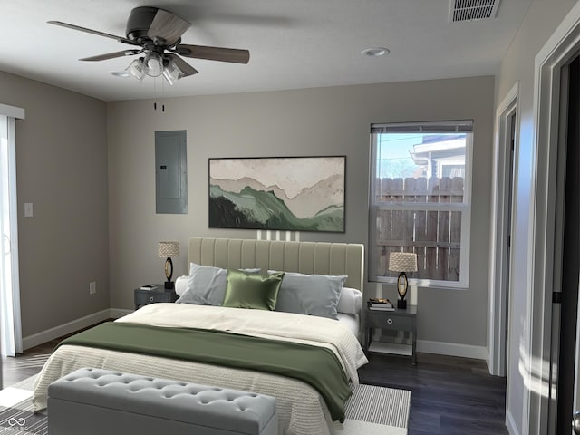 bedroom with ceiling fan, dark hardwood / wood-style floors, and electric panel