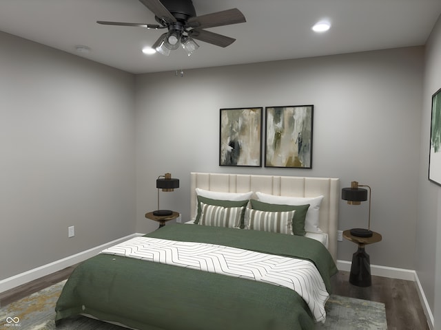 bedroom with ceiling fan and dark hardwood / wood-style flooring