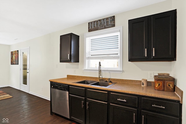 kitchen with sink, stainless steel dishwasher, and dark hardwood / wood-style flooring