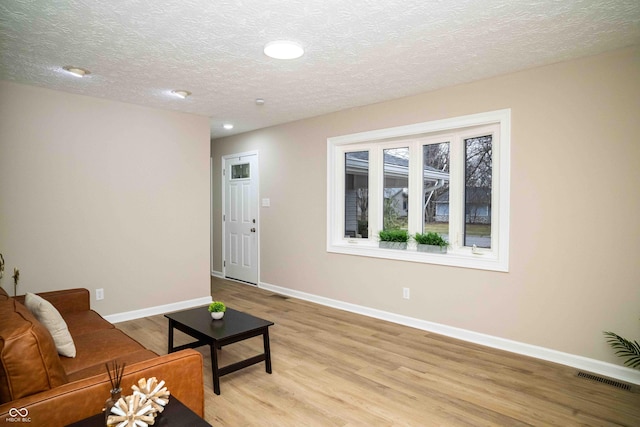 living room with light hardwood / wood-style floors and a textured ceiling