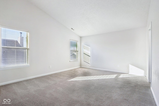 unfurnished room featuring vaulted ceiling, light colored carpet, and a textured ceiling