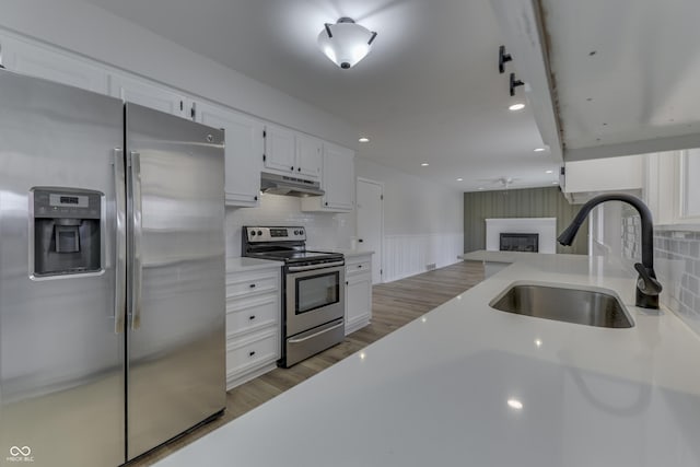 kitchen with sink, appliances with stainless steel finishes, white cabinetry, tasteful backsplash, and wood-type flooring