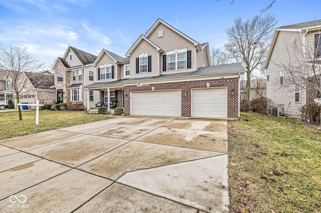 view of front of property with central AC, a porch, a garage, and a front lawn