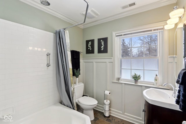 full bathroom featuring crown molding, vanity, shower / bath combination with curtain, and toilet