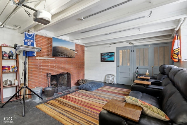 living room featuring a fireplace