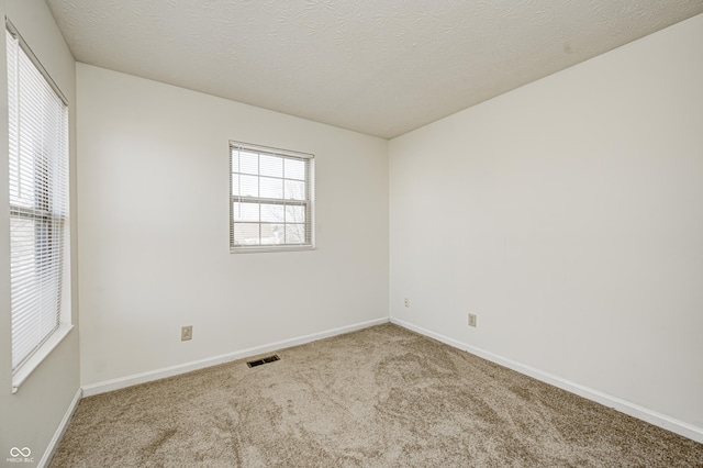 empty room with light colored carpet and a textured ceiling