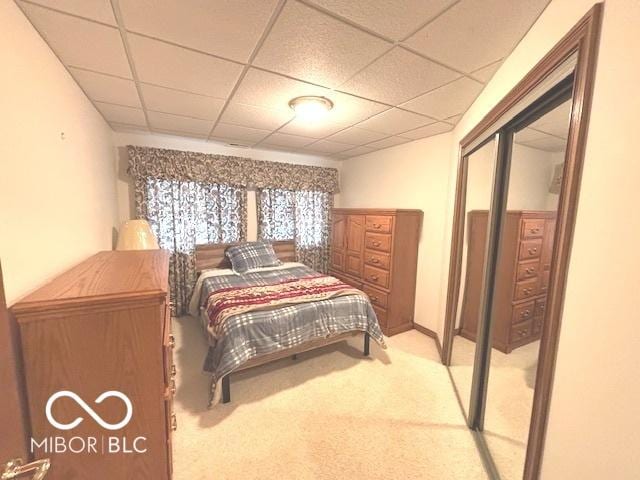 bedroom with a paneled ceiling, a closet, and carpet