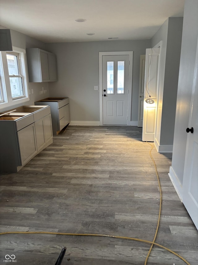 kitchen with hardwood / wood-style floors and gray cabinetry