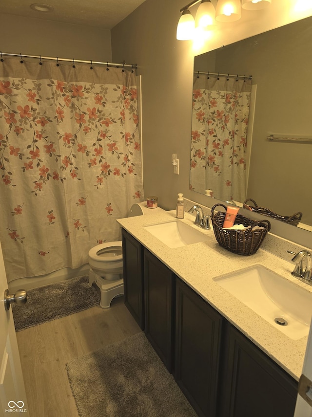 bathroom with hardwood / wood-style flooring, vanity, and toilet