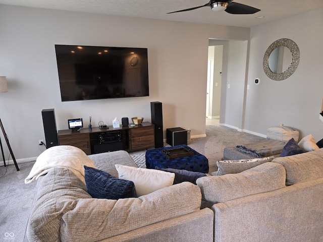 living room with light carpet and ceiling fan