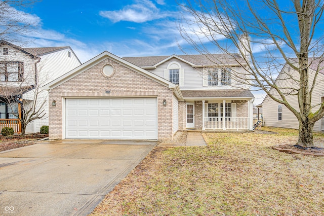 traditional-style home with a garage, a porch, concrete driveway, and brick siding