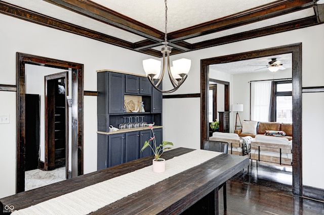 dining area with dark wood-type flooring, coffered ceiling, a textured ceiling, beamed ceiling, and ceiling fan with notable chandelier