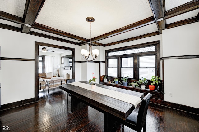 dining space with dark wood-type flooring, coffered ceiling, a chandelier, ornamental molding, and beamed ceiling