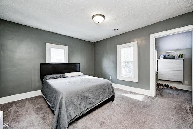 bedroom featuring carpet flooring, multiple windows, and a textured ceiling