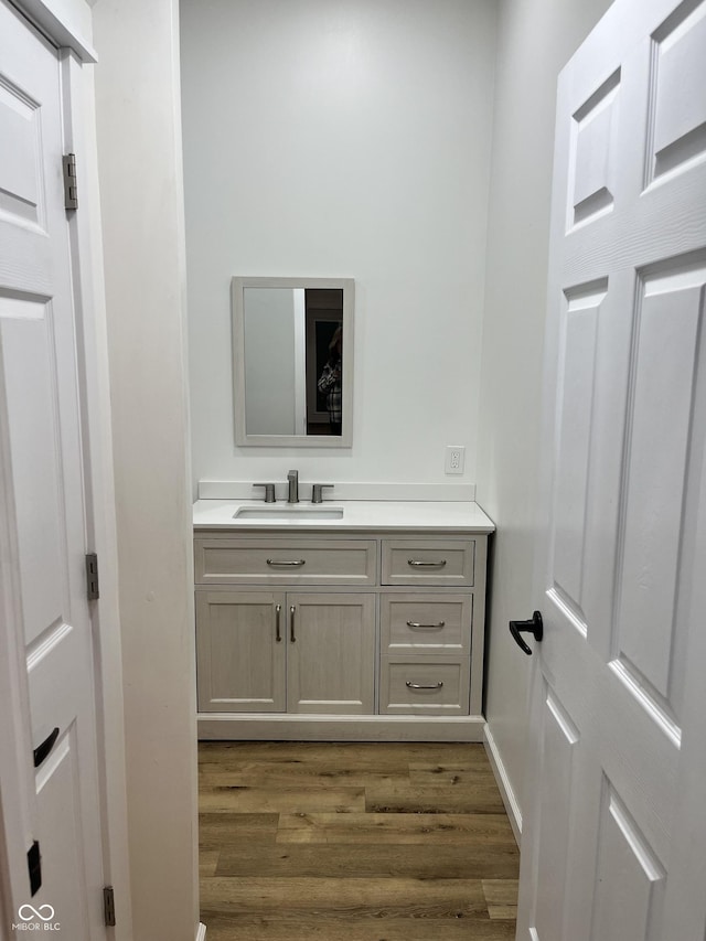 bathroom with vanity and wood-type flooring