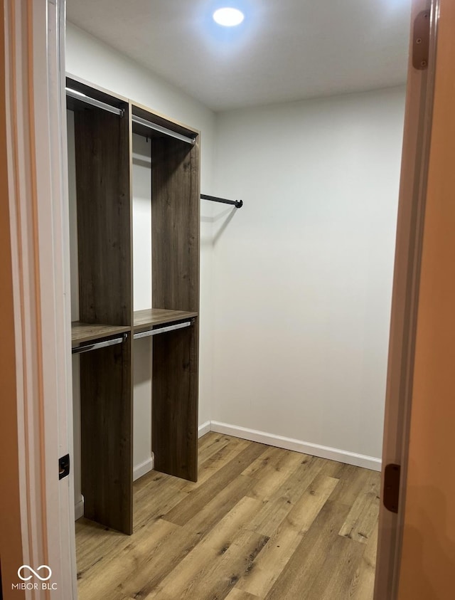 walk in closet with light hardwood / wood-style floors