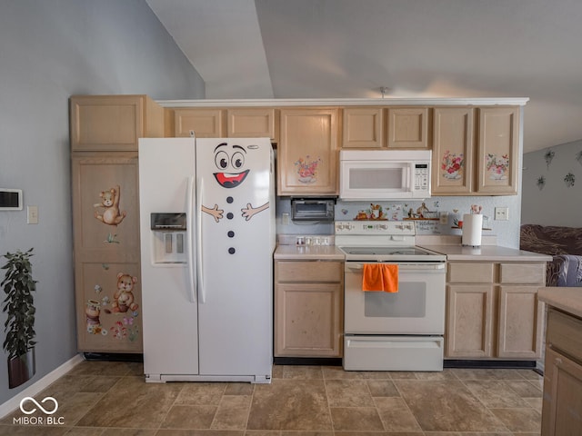 6264 Whitaker Farms Dr, Indianapolis, IN 46237 - kitchen featuring vaulted ceiling, light brown cabinets, and white appliances