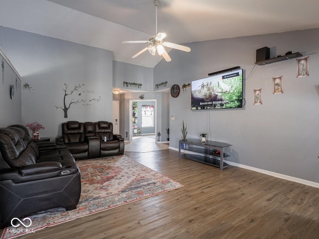 6264 Whitaker Farms Dr, Indianapolis, IN 46237 - living room featuring ceiling fan, wood-type flooring, and high vaulted ceiling