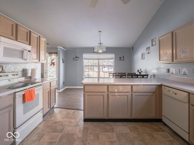 6264 Whitaker Farms Dr, Indianapolis, IN 46237 - kitchen with pendant lighting, tasteful backsplash, lofted ceiling, light brown cabinets, and white appliances