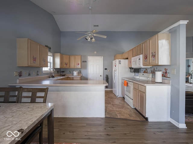 6264 Whitaker Farms Dr, Indianapolis, IN 46237 - kitchen featuring high vaulted ceiling, sink, ceiling fan, kitchen peninsula, and white appliances
