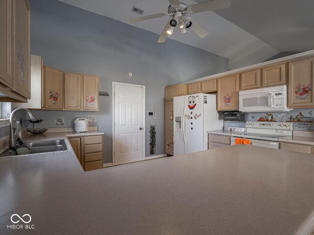 6264 Whitaker Farms Dr, Indianapolis, IN 46237 - kitchen featuring built in desk, sink, ceiling fan, light brown cabinets, and white appliances