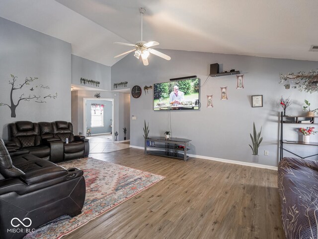 6264 Whitaker Farms Dr, Indianapolis, IN 46237 - living room with hardwood / wood-style floors, high vaulted ceiling, and ceiling fan