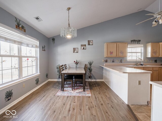 6264 Whitaker Farms Dr, Indianapolis, IN 46237 - dining space with vaulted ceiling, sink, ceiling fan with notable chandelier, and light wood-type flooring