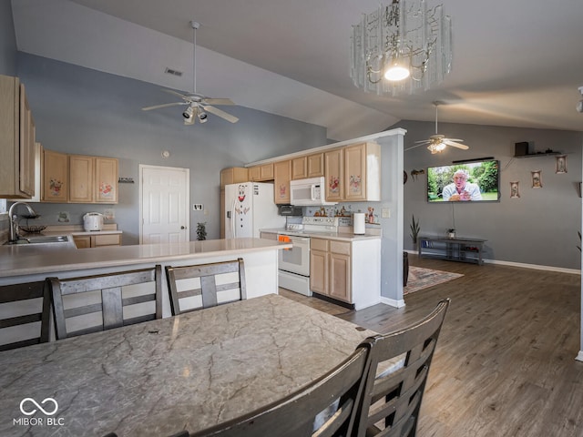6264 Whitaker Farms Dr, Indianapolis, IN 46237 - kitchen with light brown cabinetry, sink, hardwood / wood-style flooring, ceiling fan, and white appliances
