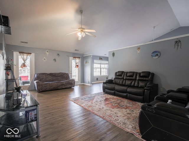 6264 Whitaker Farms Dr, Indianapolis, IN 46237 - living room featuring hardwood / wood-style flooring, ceiling fan, and lofted ceiling