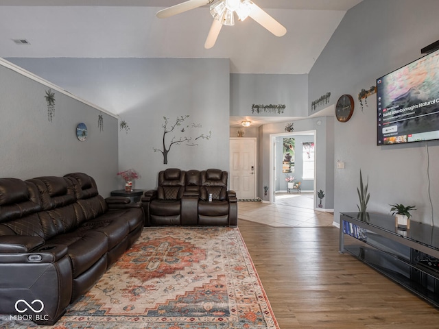 6264 Whitaker Farms Dr, Indianapolis, IN 46237 - living room featuring hardwood / wood-style flooring, ceiling fan, and high vaulted ceiling