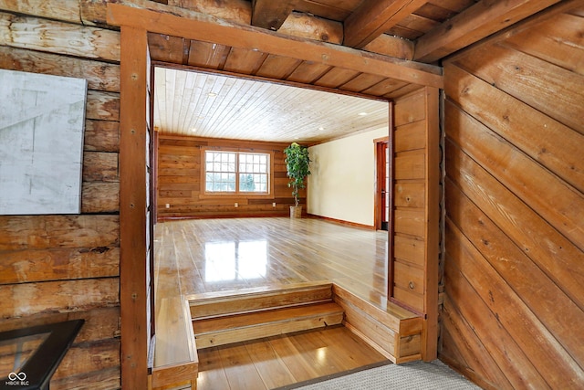 interior space with wood walls, wood ceiling, and wood finished floors