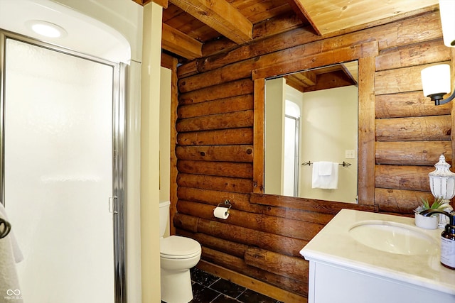 bathroom featuring vanity, a shower stall, rustic walls, toilet, and wood ceiling