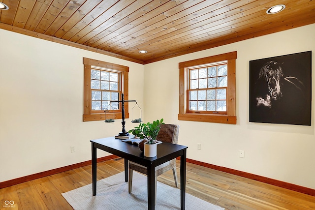 office space featuring light wood-type flooring, wood ceiling, baseboards, and recessed lighting