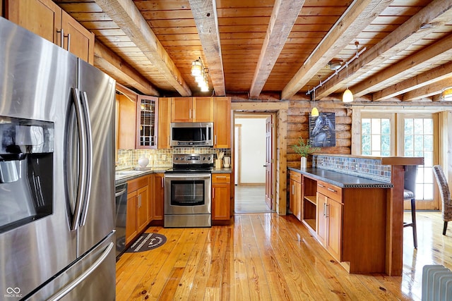 kitchen with brown cabinets, glass insert cabinets, wooden ceiling, rustic walls, and appliances with stainless steel finishes