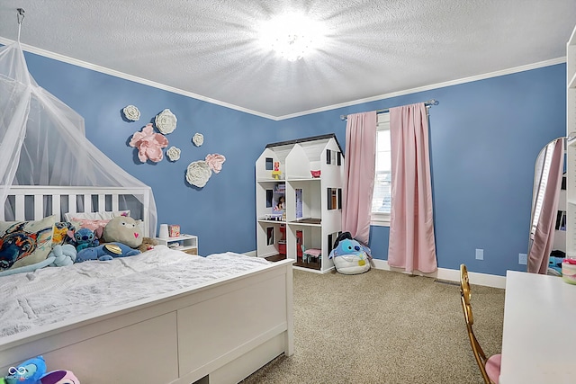 bedroom with crown molding, a textured ceiling, and carpet