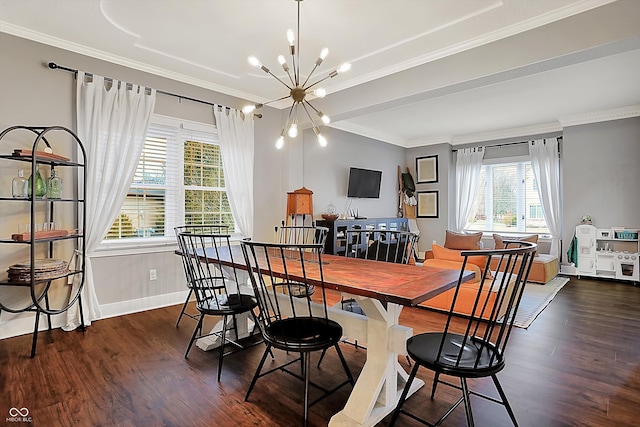 dining area featuring ornamental molding, dark hardwood / wood-style floors, and a notable chandelier