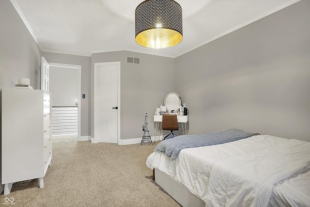 bedroom featuring crown molding and light carpet