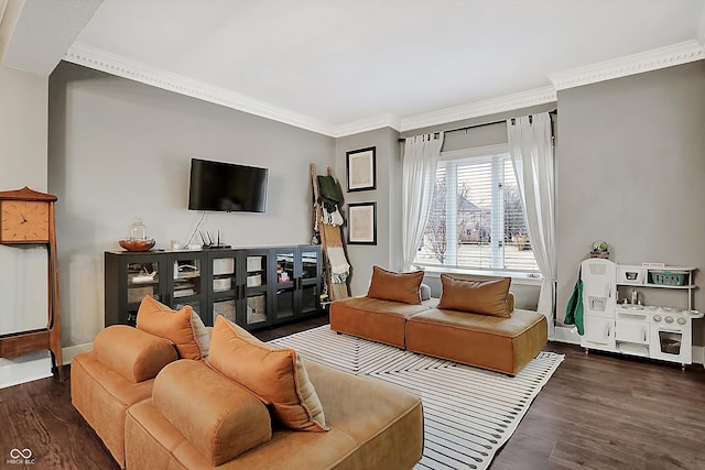 living room featuring ornamental molding and dark hardwood / wood-style floors