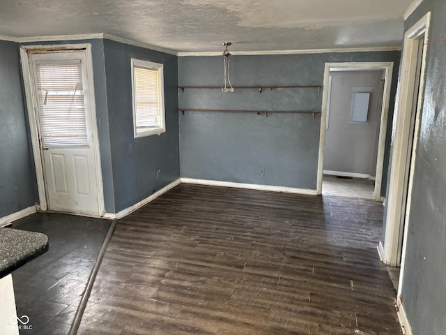 interior space with crown molding, dark wood-type flooring, and a textured ceiling