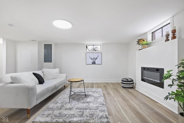 living room featuring electric panel and light wood-type flooring