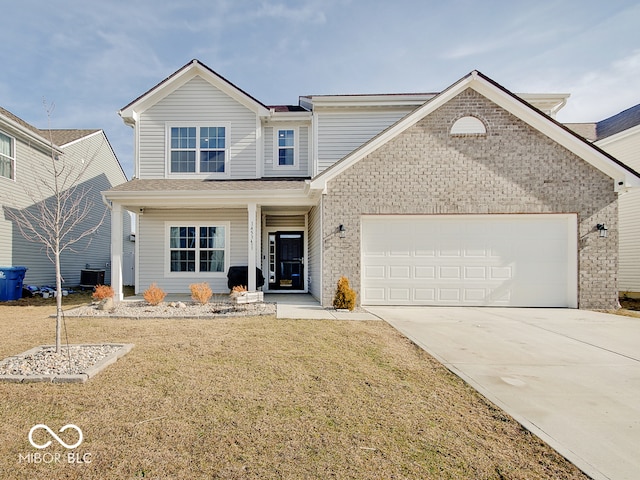 view of front of property with central AC unit, a garage, a front lawn, and a porch