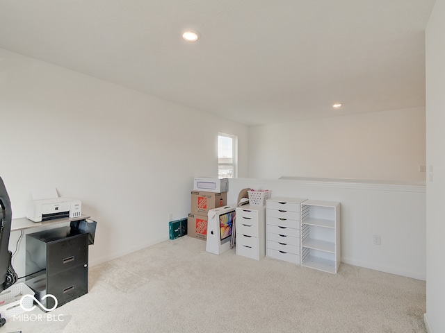 interior space featuring light colored carpet