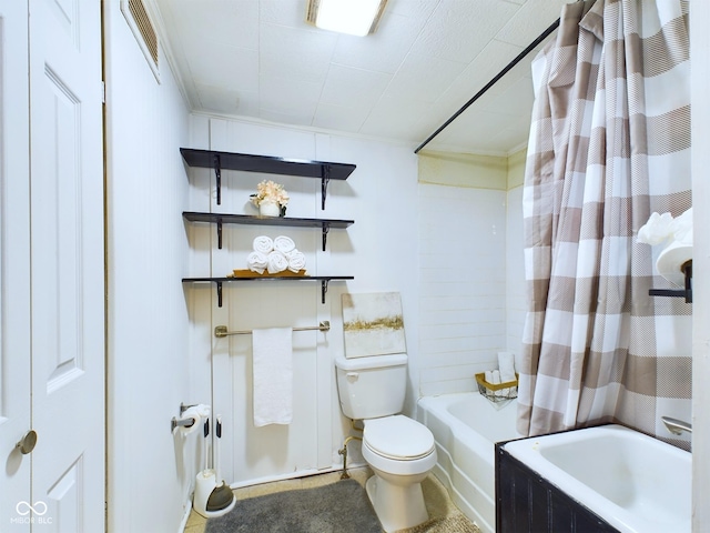 bathroom with shower / bathtub combination with curtain and toilet