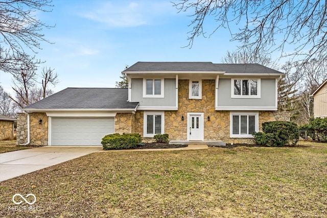 view of front of house with an attached garage, stone siding, driveway, and a front lawn