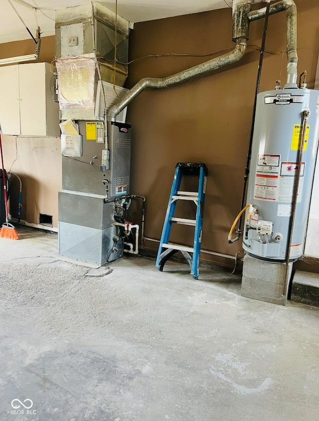 utility room featuring gas water heater and heating unit